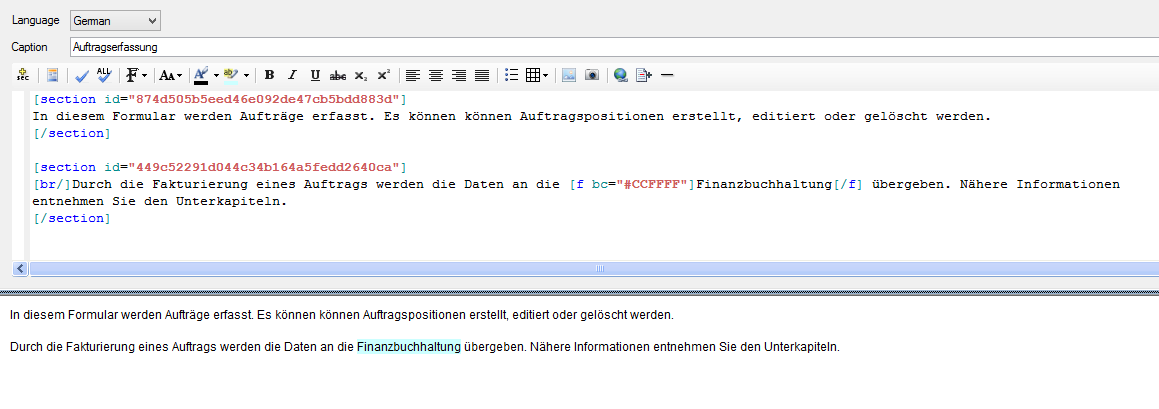 Dokumentation mit zwei Sections