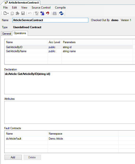 Service Contract Registerkarte Operations