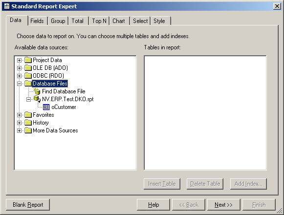 Standard Report Expert Registerkarte Data