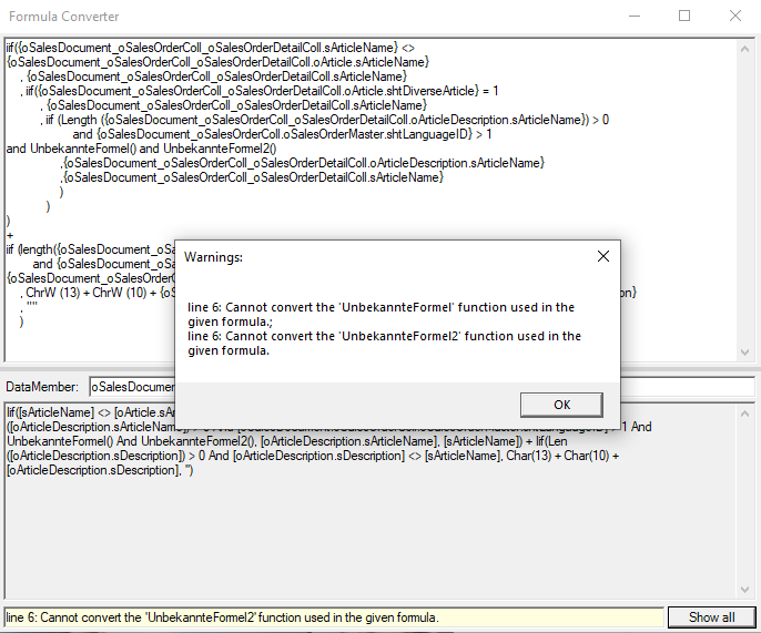 Formula Converter Show Warnings