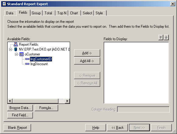 Standard Report Expert Registerkarte Fields
