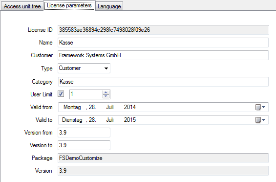 Registerkarte License parameters