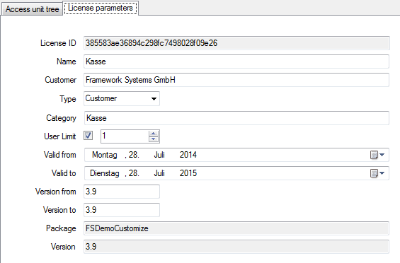 Registerkarte License parameters