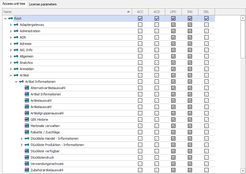 Registerkarte Access unit tree