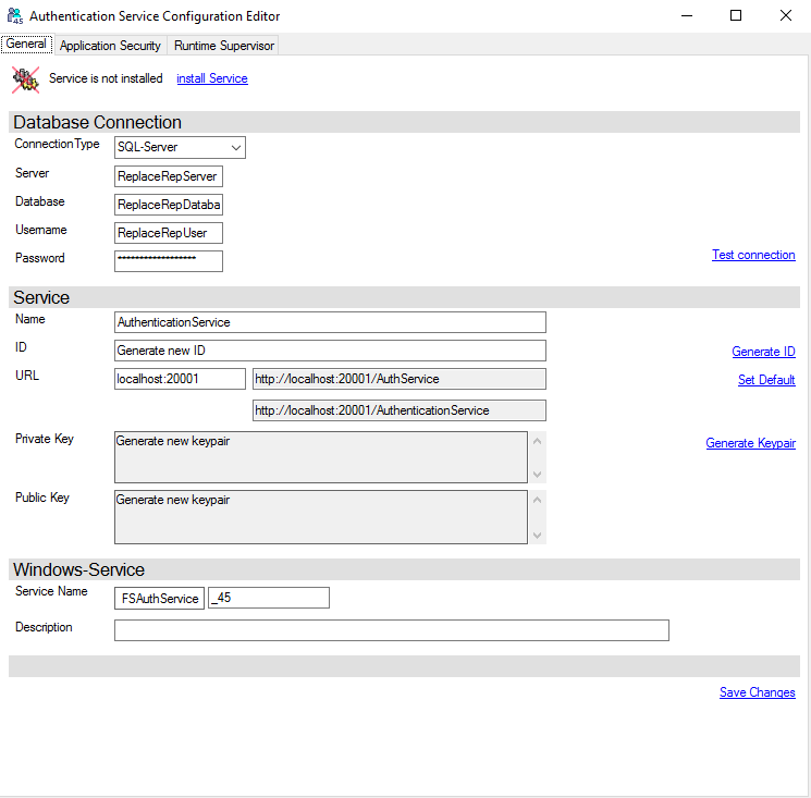 Authentication Service Configuration Editor tab General
